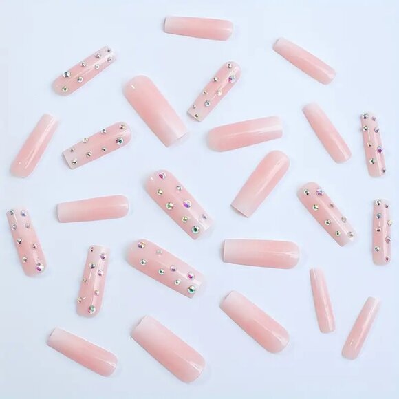 24pcs Sparkling Pink Gradient Rhinestone Press-On Nails for Women and Girls - Picture 6 of 7